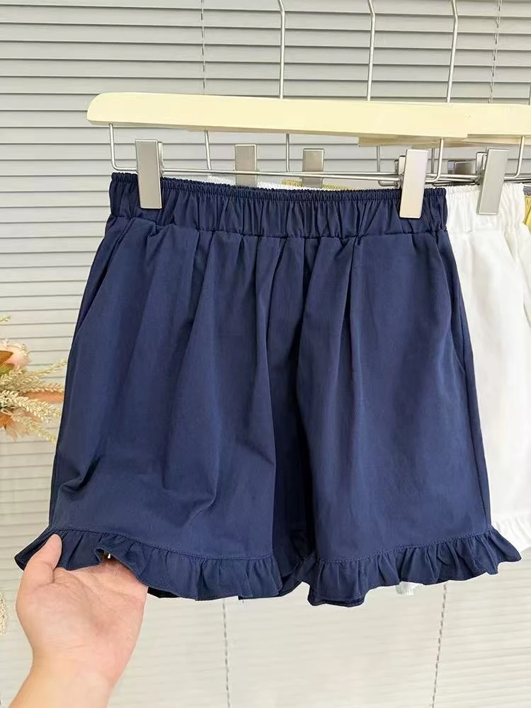 【许愿瓜】松紧腰褶皱木耳边休闲裤 女宽松显瘦短裤 G5084