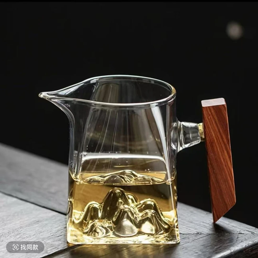透明观山公道杯 实木侧把350ml高硼硅加厚玻璃分叉器