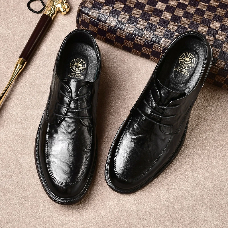 5619皮鞋男手抓纹商务正装潮流男士休闲百搭黑色软底时尚系带鞋子