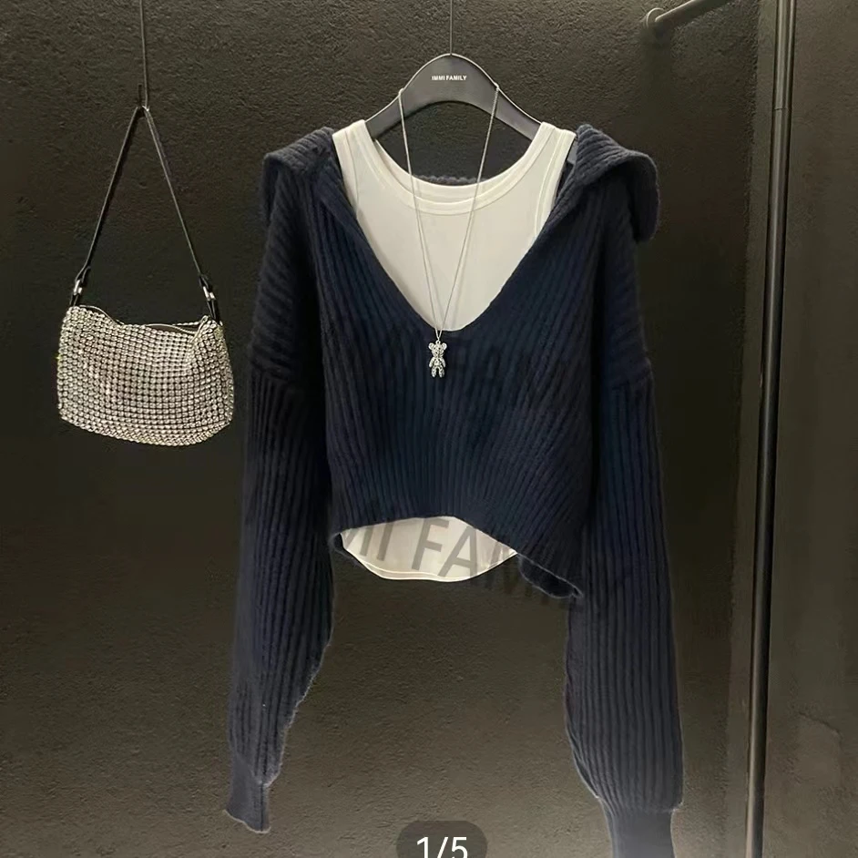 【春季上新】25年针织衫长袖短款V领毛衣打底两件套时尚百搭小众