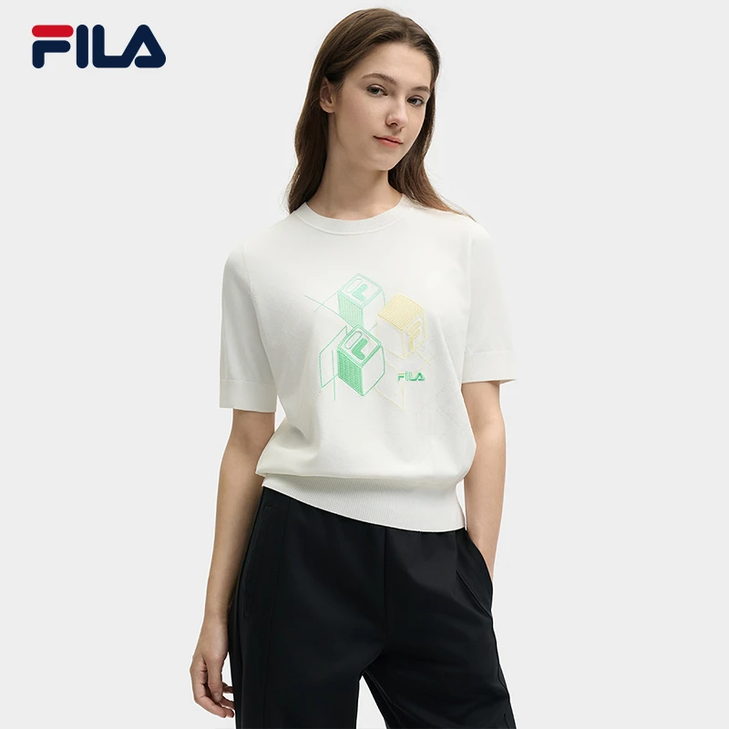 Fila/斐乐【休闲百搭】女编织衫夏季宽松印花圆领运动休闲时尚短袖