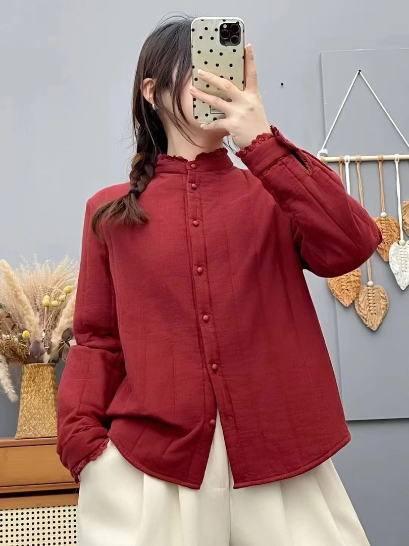 2025冬季夹棉花边领长袖衬衫休闲简约百搭婴儿棉双层纱上衣女4715