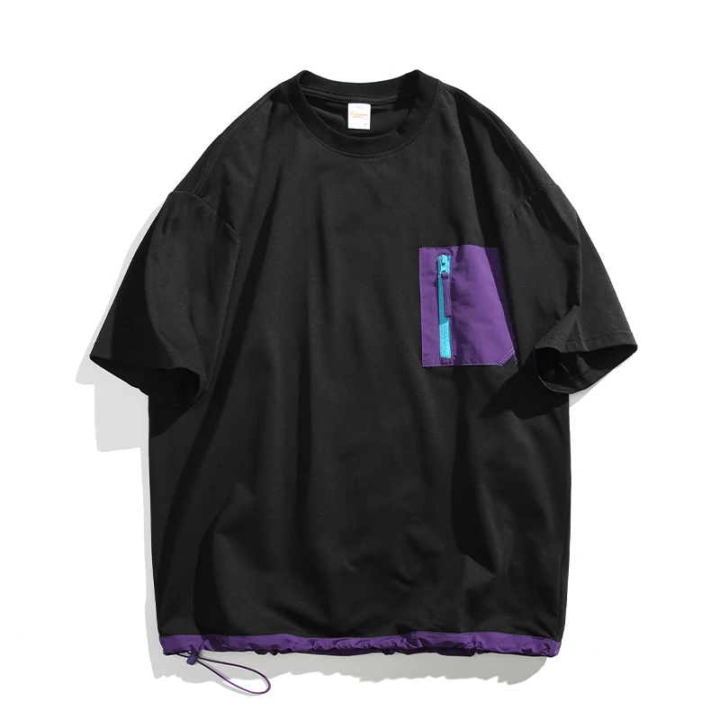 LAZY DAY原创男装日系复古撞色拉链口袋短袖t恤男士夏季运动上衣