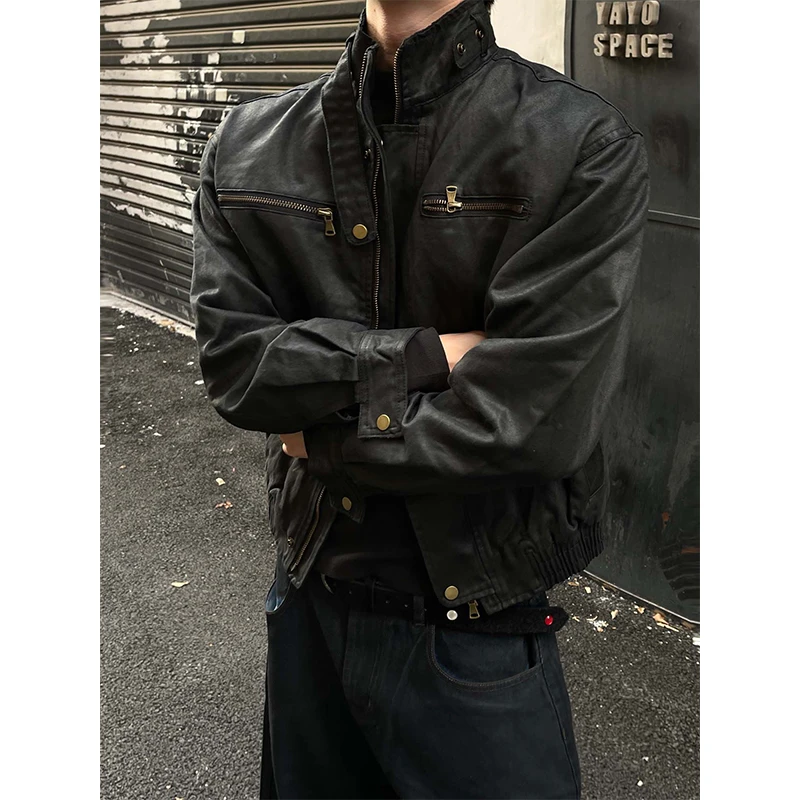 MaxDstr美式复古机车皮衣外套男女高级感宽松痞帅立领夹克外套