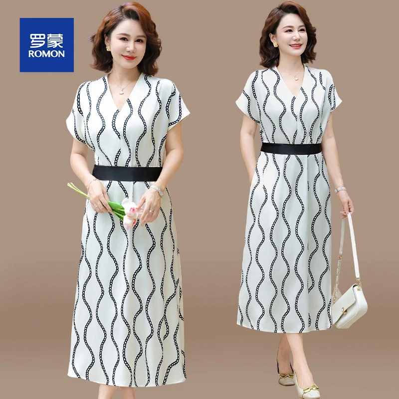 中年妈妈连衣裙夏季短袖收腰长裙洋气高贵中老年女装夏装显瘦裙子