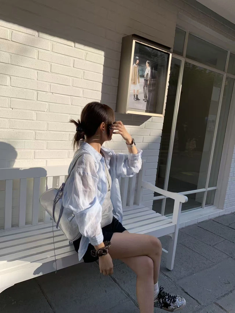 MaoMao 早秋薄款休闲衬衫女蓝色宽松气质长袖简约苎麻上衣外套