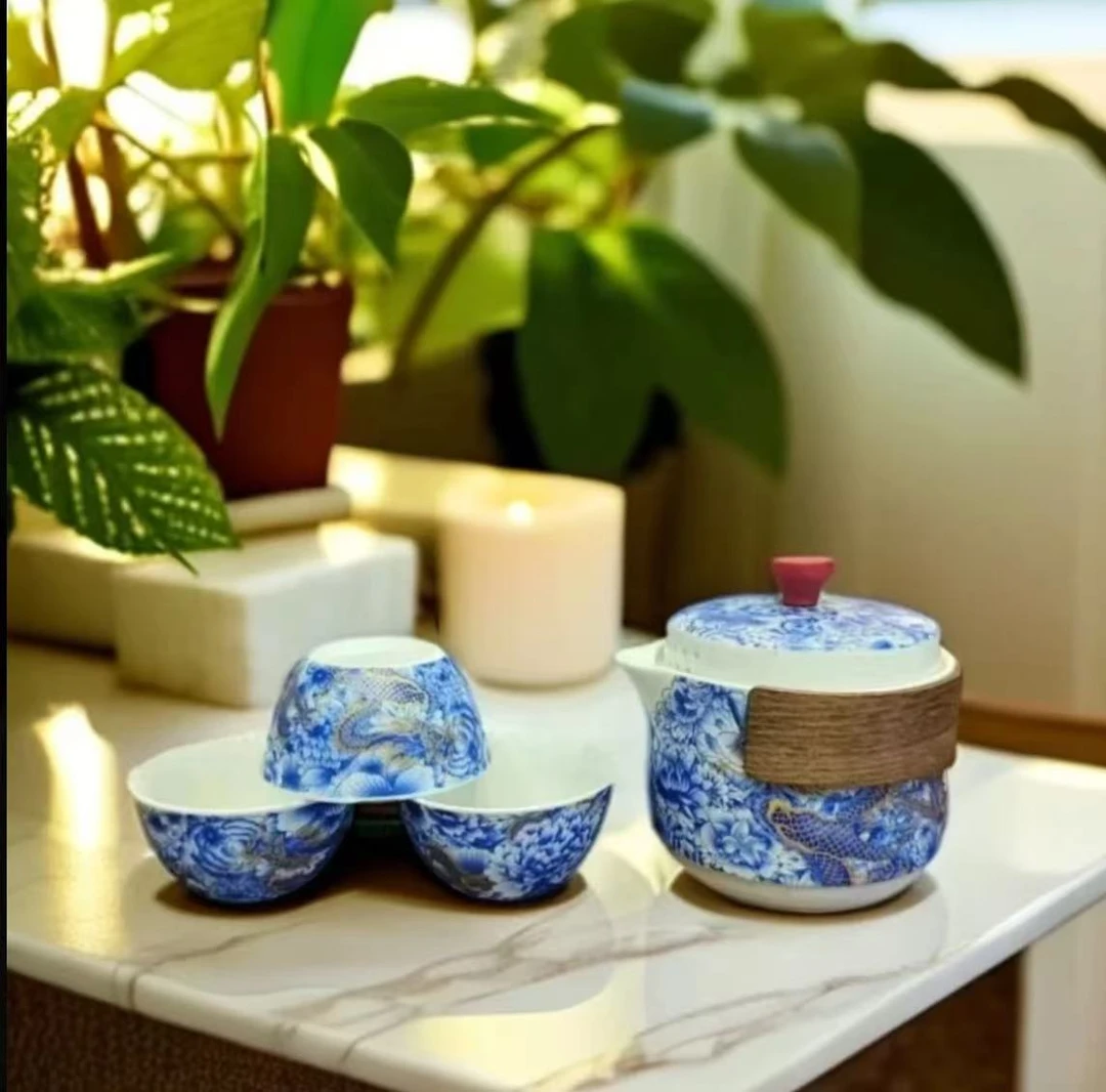 当代 青花龙纹一壶三杯木柄旅行套装-ZH837