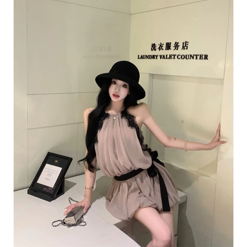 2025夏季新款挂脖蕾丝花边连衣裙女收腰系带纯欲性感纱质花苞短裙