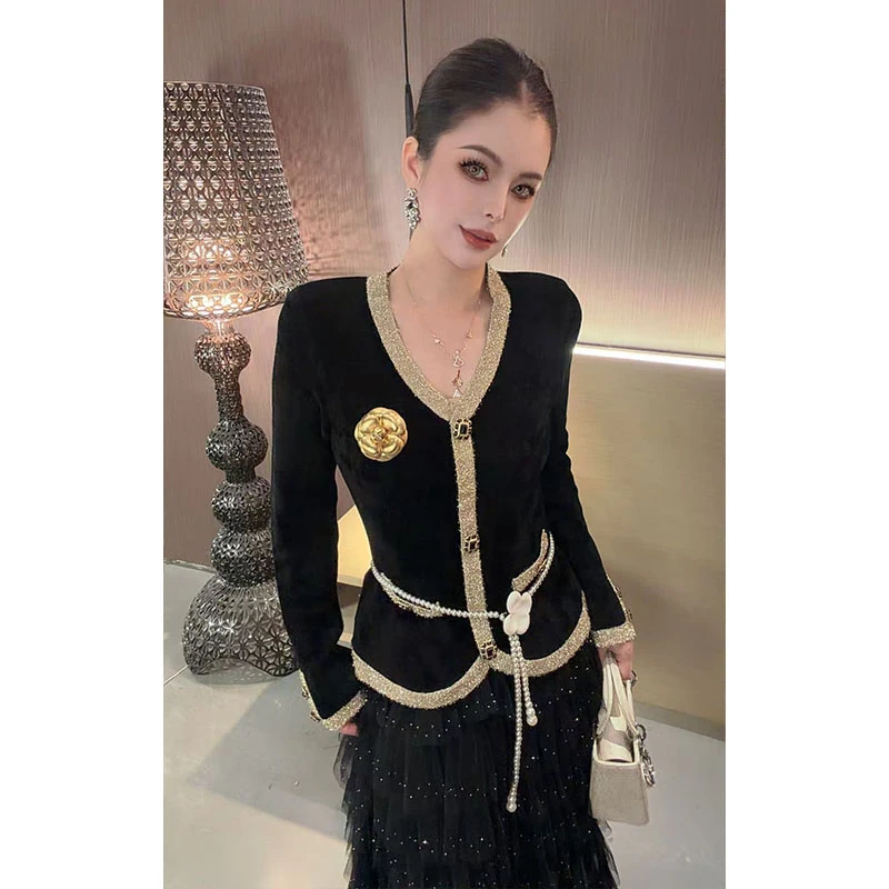 V领小香拼接针织长袖上衣CS31215