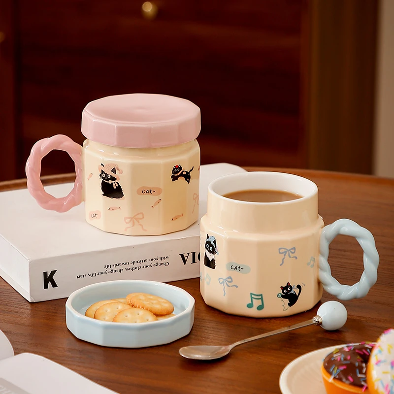 可爱猫咪陶瓷马克杯女生带盖勺办公室水杯送闺蜜生日礼物咖啡杯子