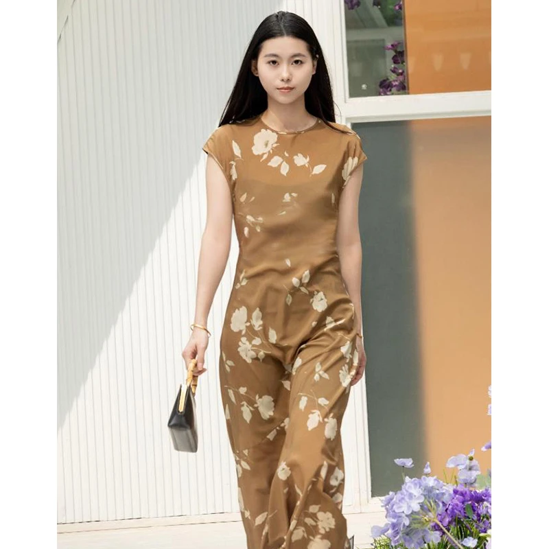 简约高级感茶色印花收腰斜裁连衣裙 女夏 气质女人味长裙真丝裙子