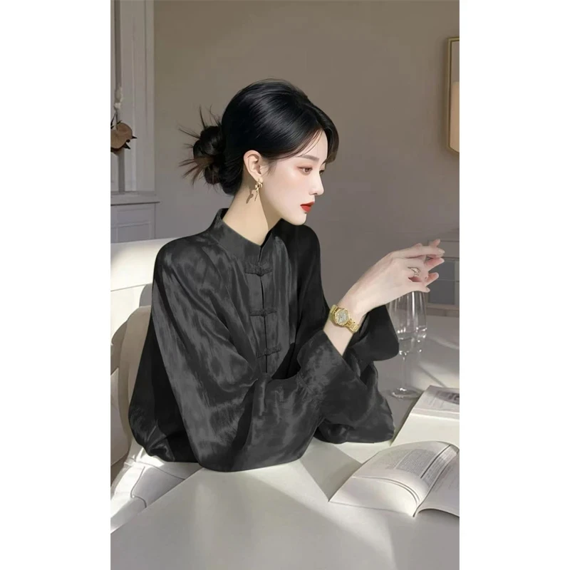 新中式国风黑色衬衫2025早春洋气休闲女装衣服高端收腰盘扣衬衣