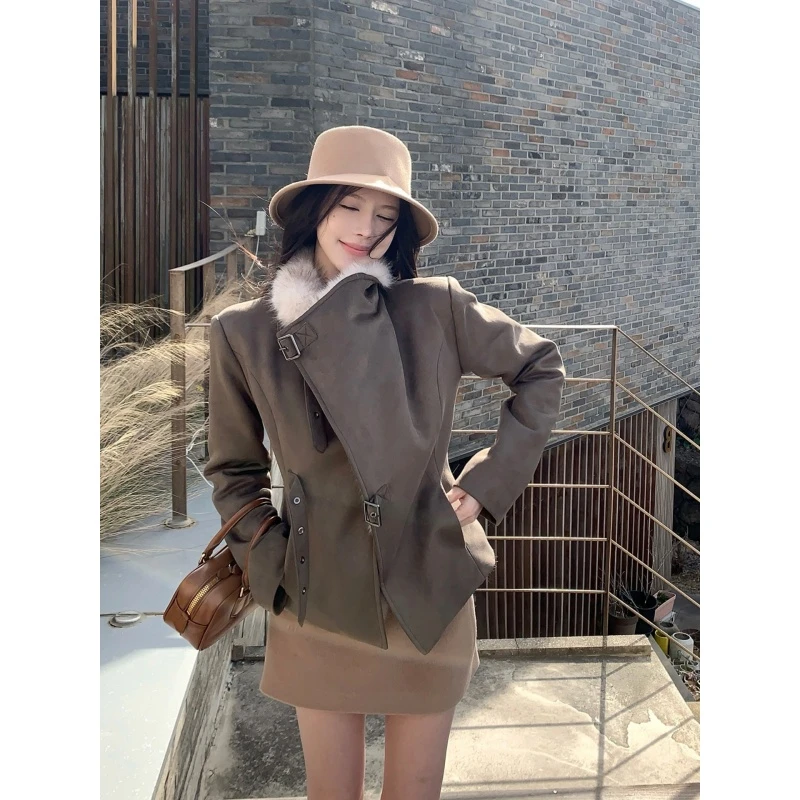 美式复古麂皮绒大翻领收腰外套女冬季加绒加厚高级感上衣包臀短裤