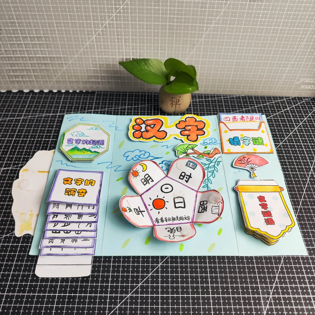 自制汉字文化甲骨文手工涂色安静书翻翻书创意素材包