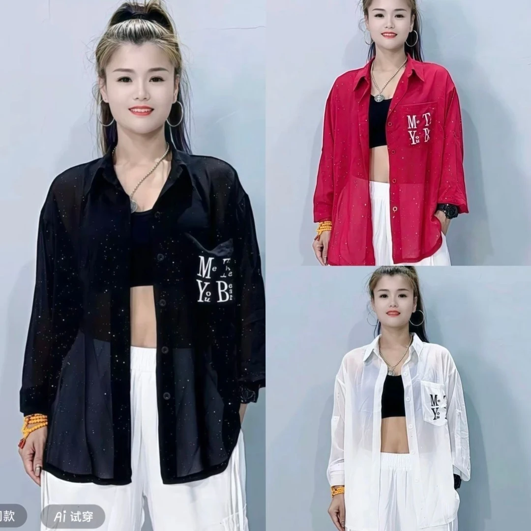 7207夏季薄款洒金雪纺纱长袖字母防晒衬衫垂感飘逸
