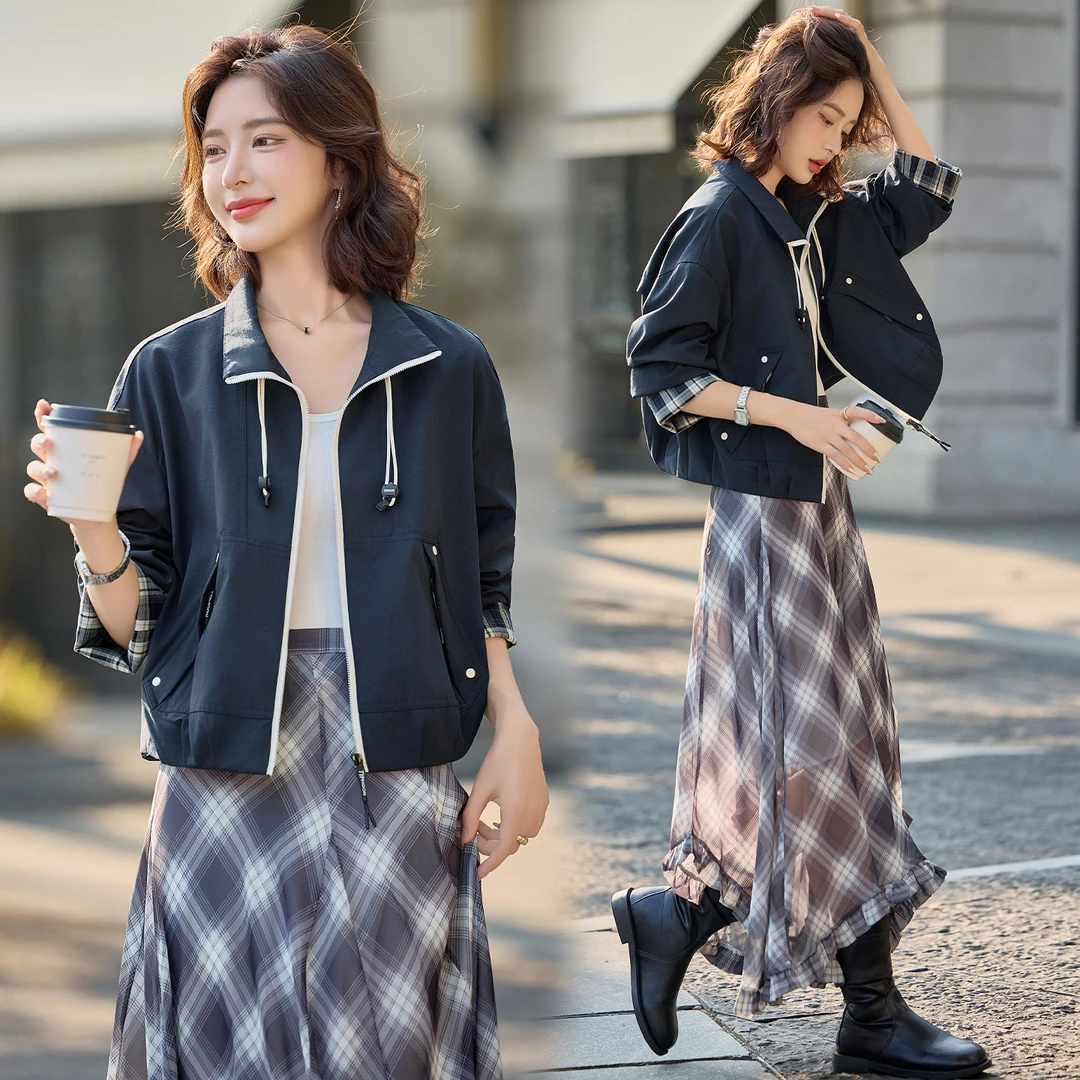 轻休闲时尚格子拼接立领外套女2025春秋新款小个子工装风夹克上衣