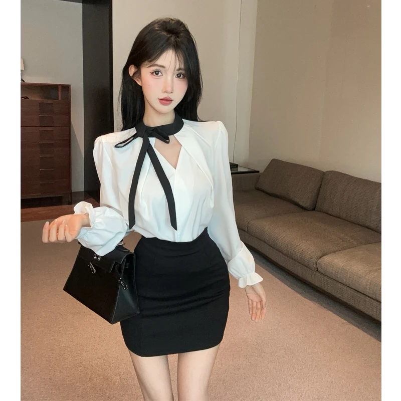 法式气质蝴蝶结长袖衬衫套装女秋设计感白色衬衣高腰包臀裙两件套