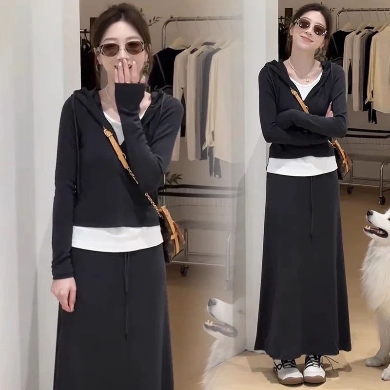 时尚韩版休闲套装裙女2025秋季新款洋气假两件连帽卫衣显瘦两件套