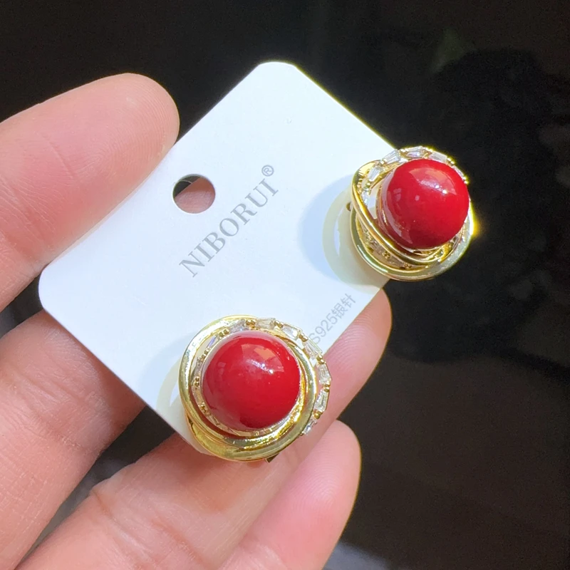 铜合金耳饰 名媛耳环女高级感酒红色耳扣气质百搭耳钉本命年耳饰