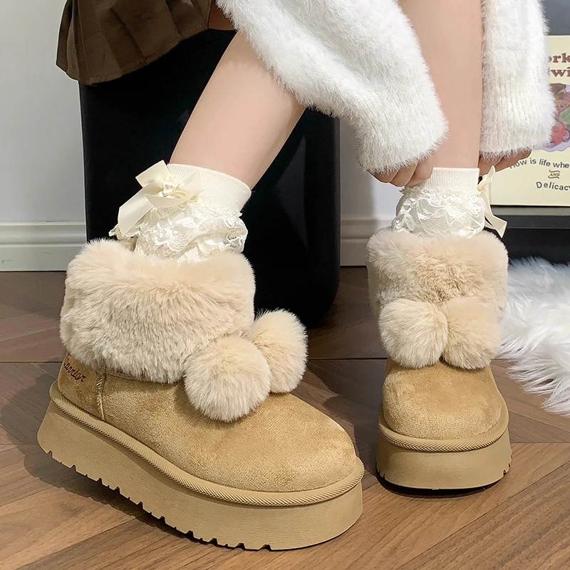 回力可爱毛球雪地靴女冬季加绒加厚保暖短筒靴时尚厚底棉鞋子女款