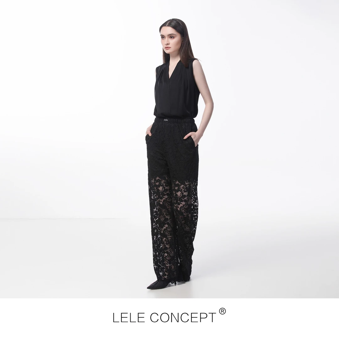 LELE CONCEPT｜[颖] 百搭镂空高腰时尚半透蕾丝提花阔腿长裤K0105
