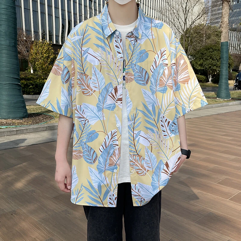 港风个性帅气文艺大码衬衫男士夏季潮流新款休闲风百搭宽松花衬衣