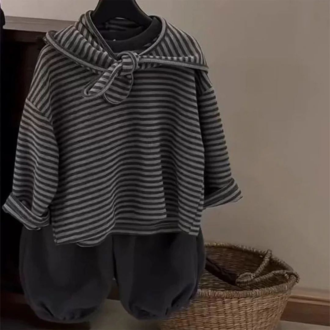 儿童春秋套装2025新款男女童圆领条纹卫衣加披肩两件套男孩卫裤潮