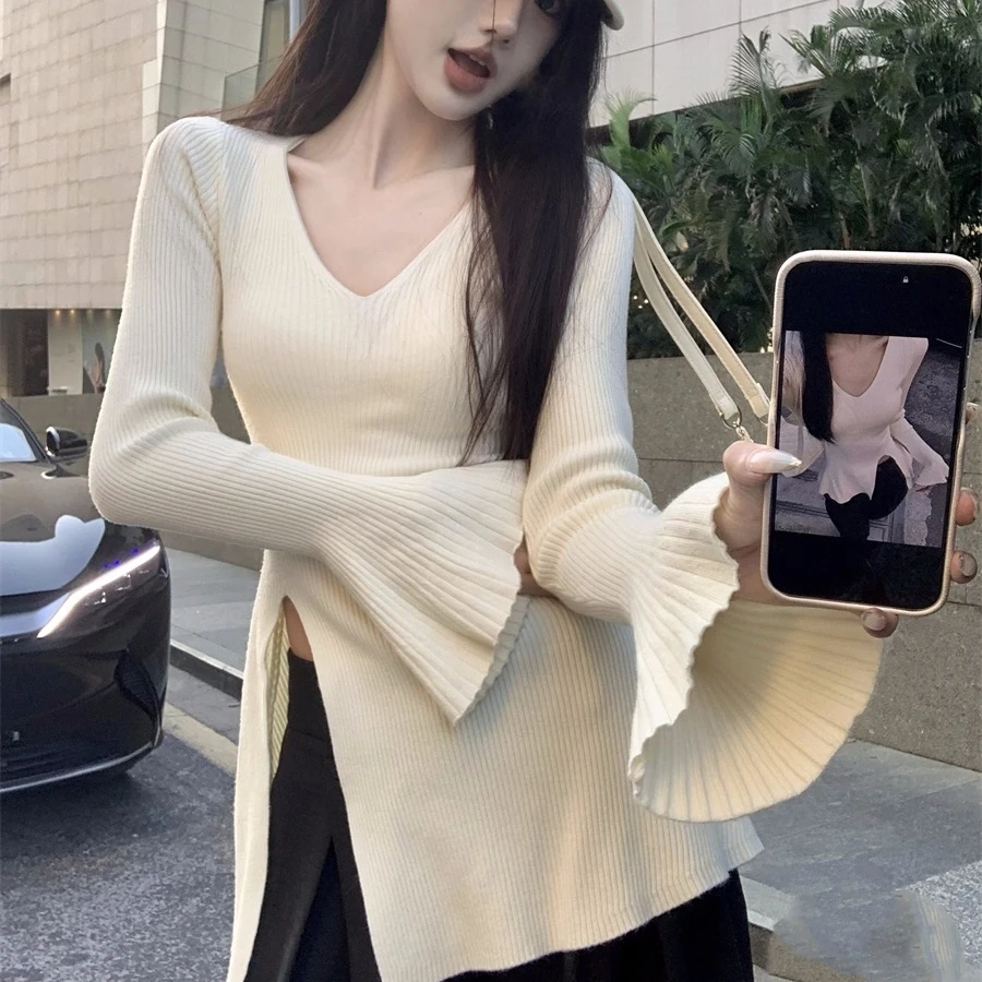 不规则v领喇叭袖针织衫女冬季2025新款收腰内搭雅秋冬款开衫毛衣