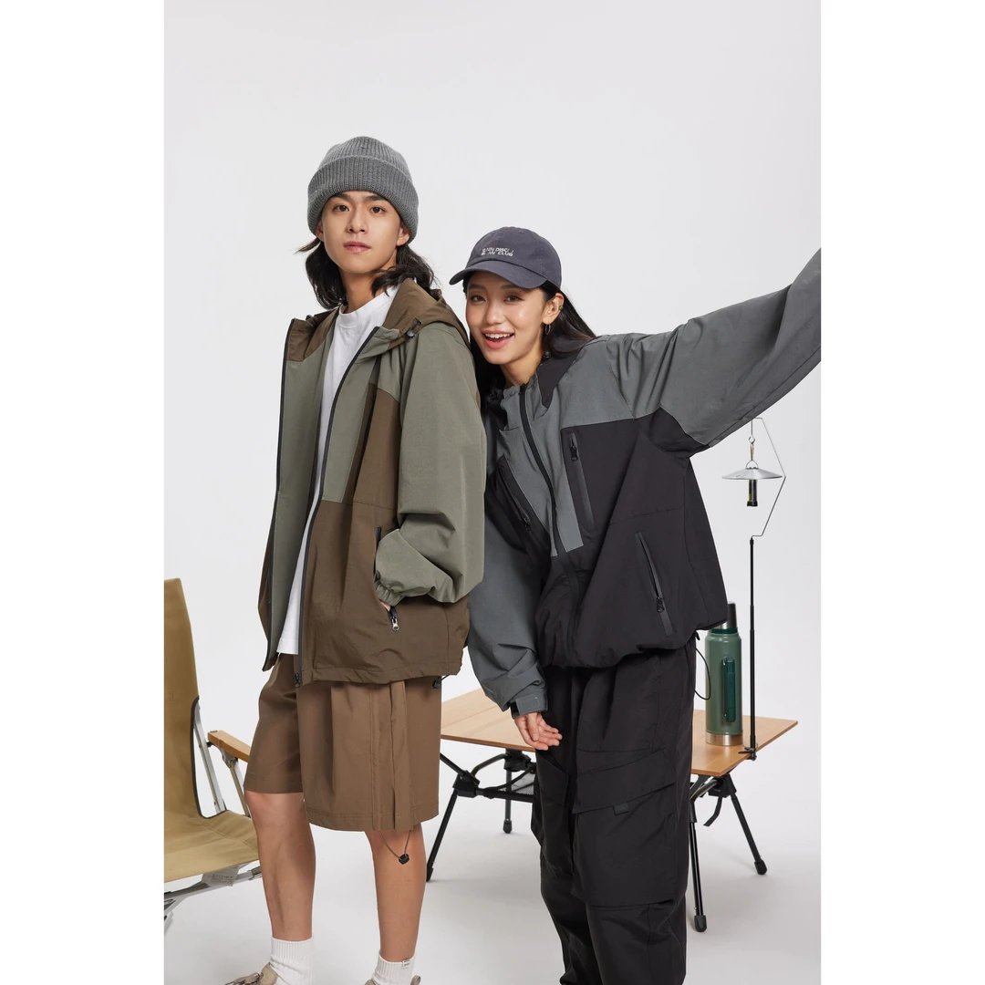 OW3208春秋潮牌美式复古情侣百搭拼色户外连帽冲锋衣夹克
