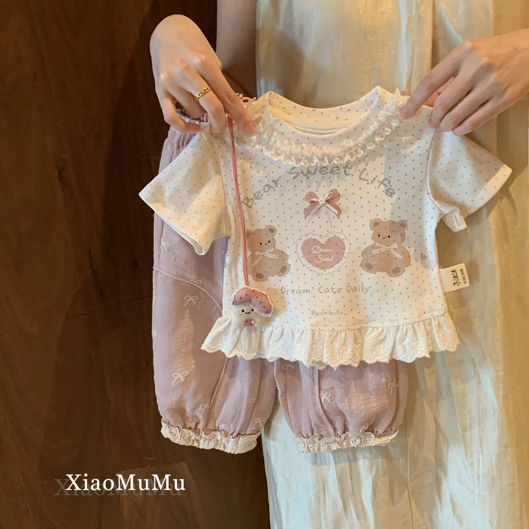 【现货】女童甜美套装幼儿园2025夏小童女宝宝洋气短袖防蚊裤两件套