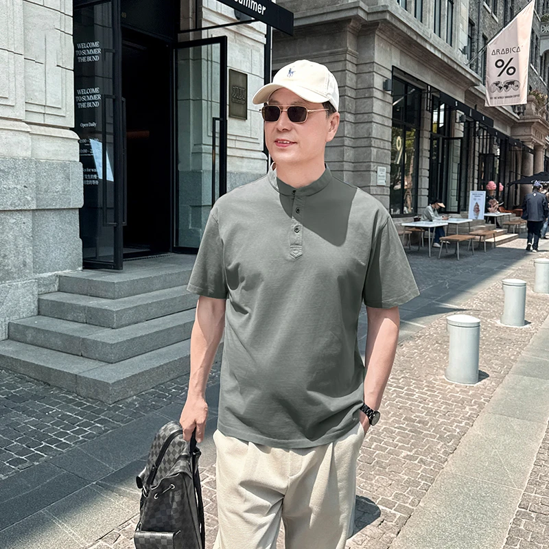 纯棉夏季中年爸爸装短袖T恤纯色立领休闲中老年男士宽松上衣汗衫
