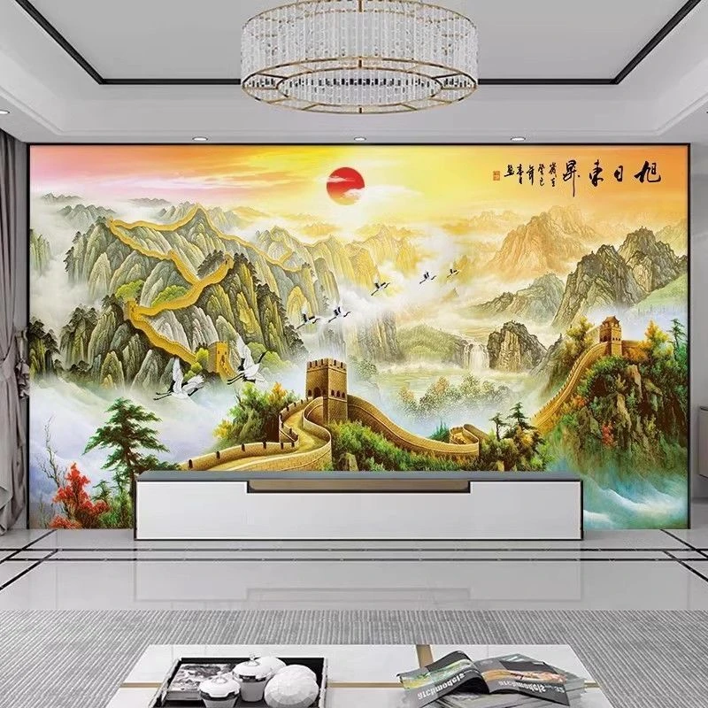 2025新款万里长城立体山水画电视背景墙墙布中式动态客厅壁画装饰