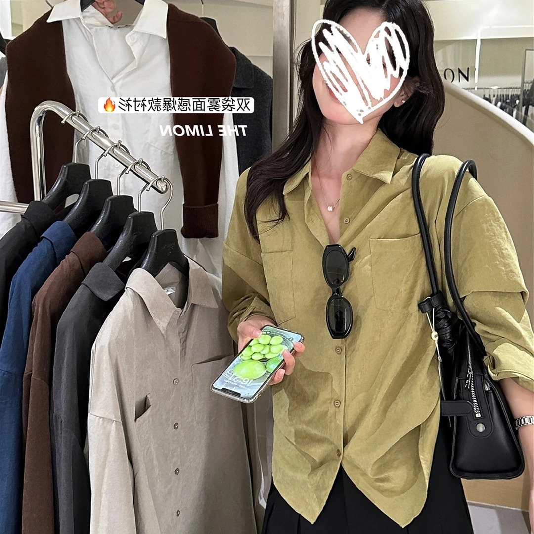 智性松弛韩系简约双口袋宽松休闲衬衫女春秋2025新款百搭上衣外套