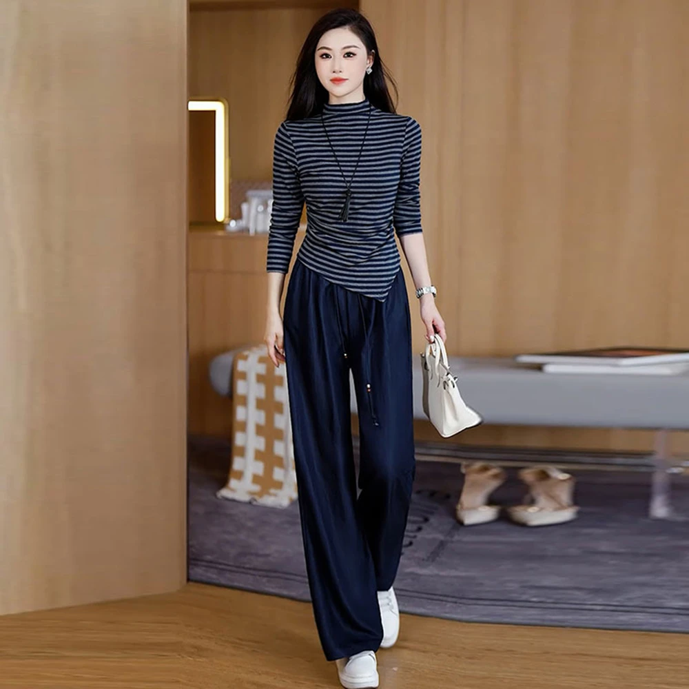 时尚套装女2025秋季新款洋气修身显瘦长袖条纹上衣阔腿裤两件套潮