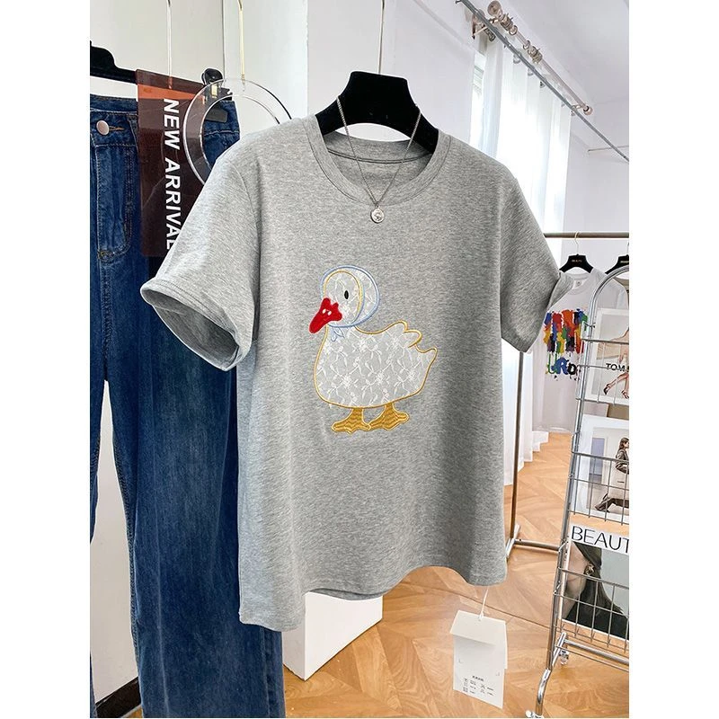 学院风甜美卡通刺绣短袖t恤女宽松休闲体恤衫设计感灰色上衣