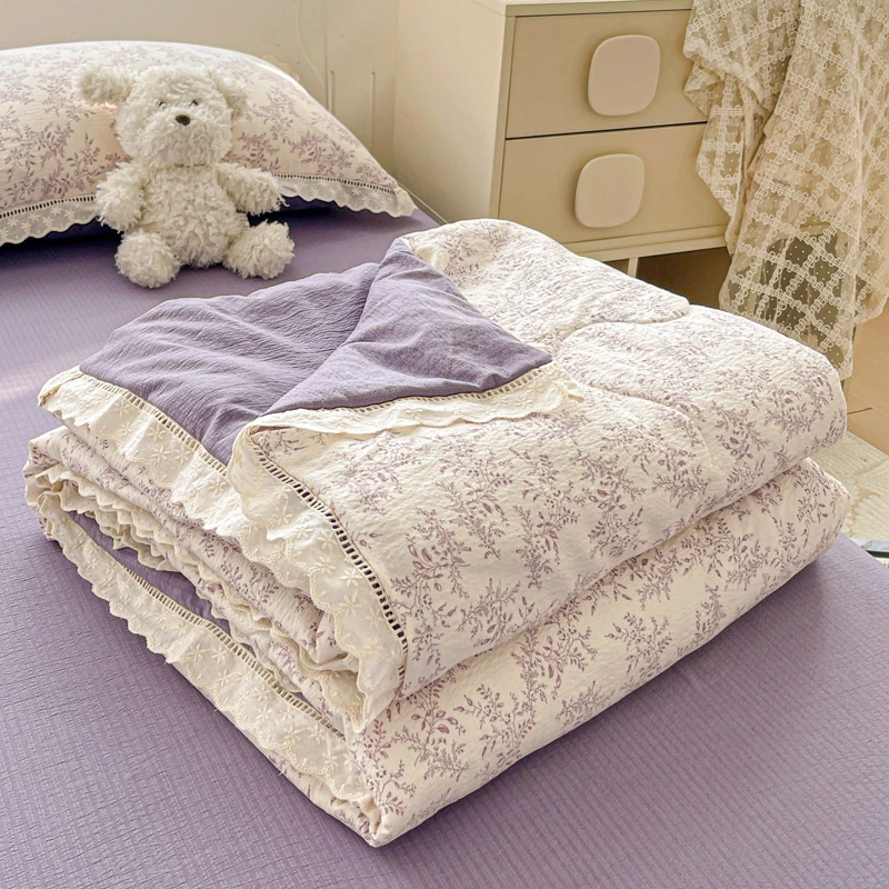 韩版双层纱夏凉被四件套双人单人花边款夏被空调被夏季被子可机洗