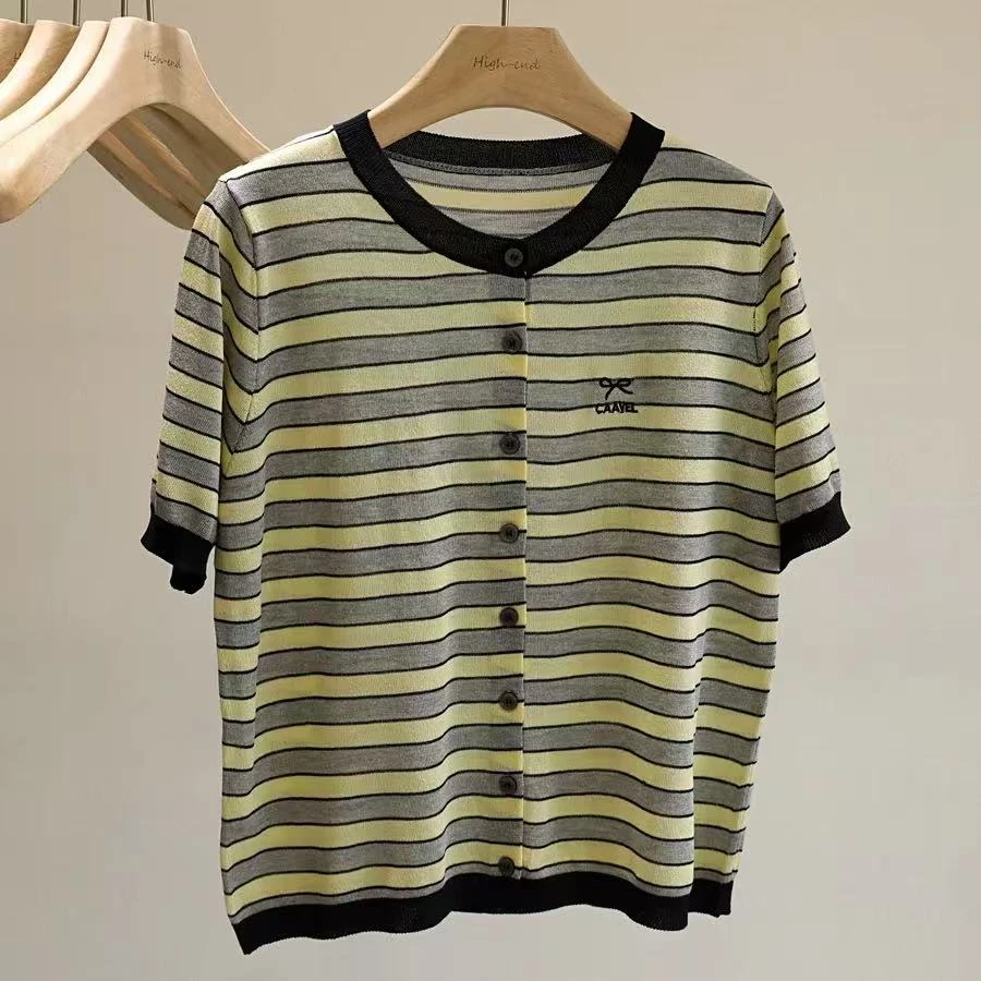 （清）圆领条纹蝴蝶结刺绣短袖开衫-黄色H72（实物以直播间为准）