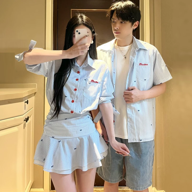 新款情侣装一裙一衣女中袖收腰衬衫裙蓝白条纹连衣裙荷叶边百褶裙