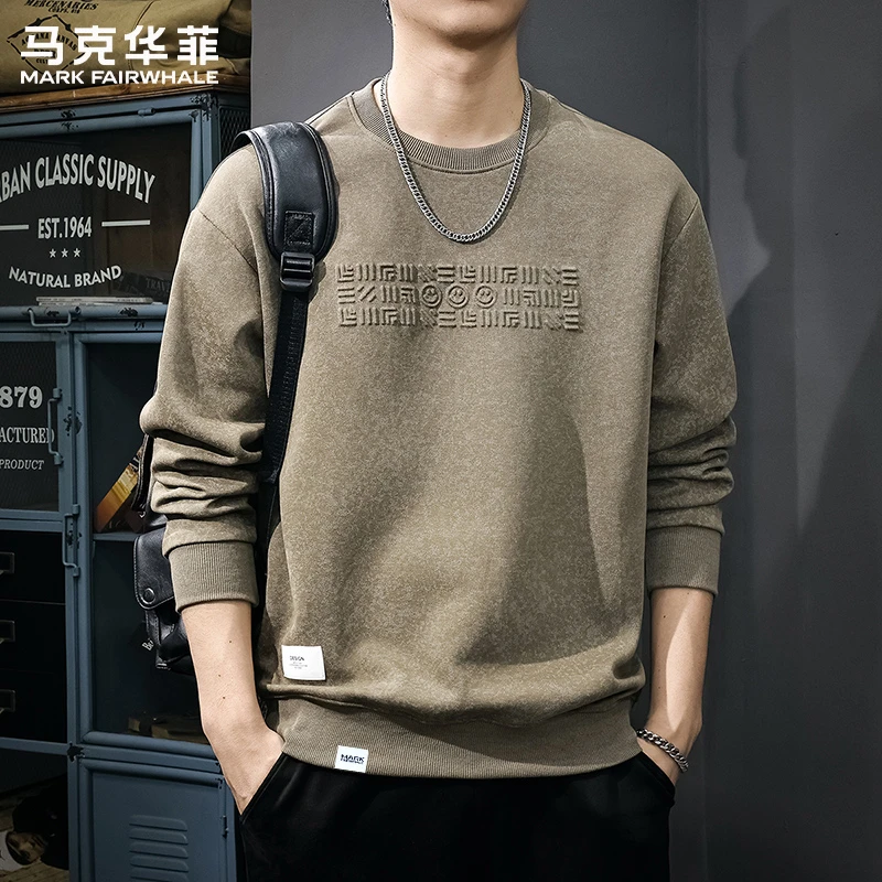 马克华菲潮牌重磅水洗字母钢印卫衣男秋冬新款宽松内搭打底衫上衣