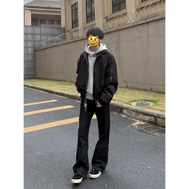 丹宁黑色原牛牛仔裤男款秋季cleanfit显瘦微喇裤子美式高街弯刀裤