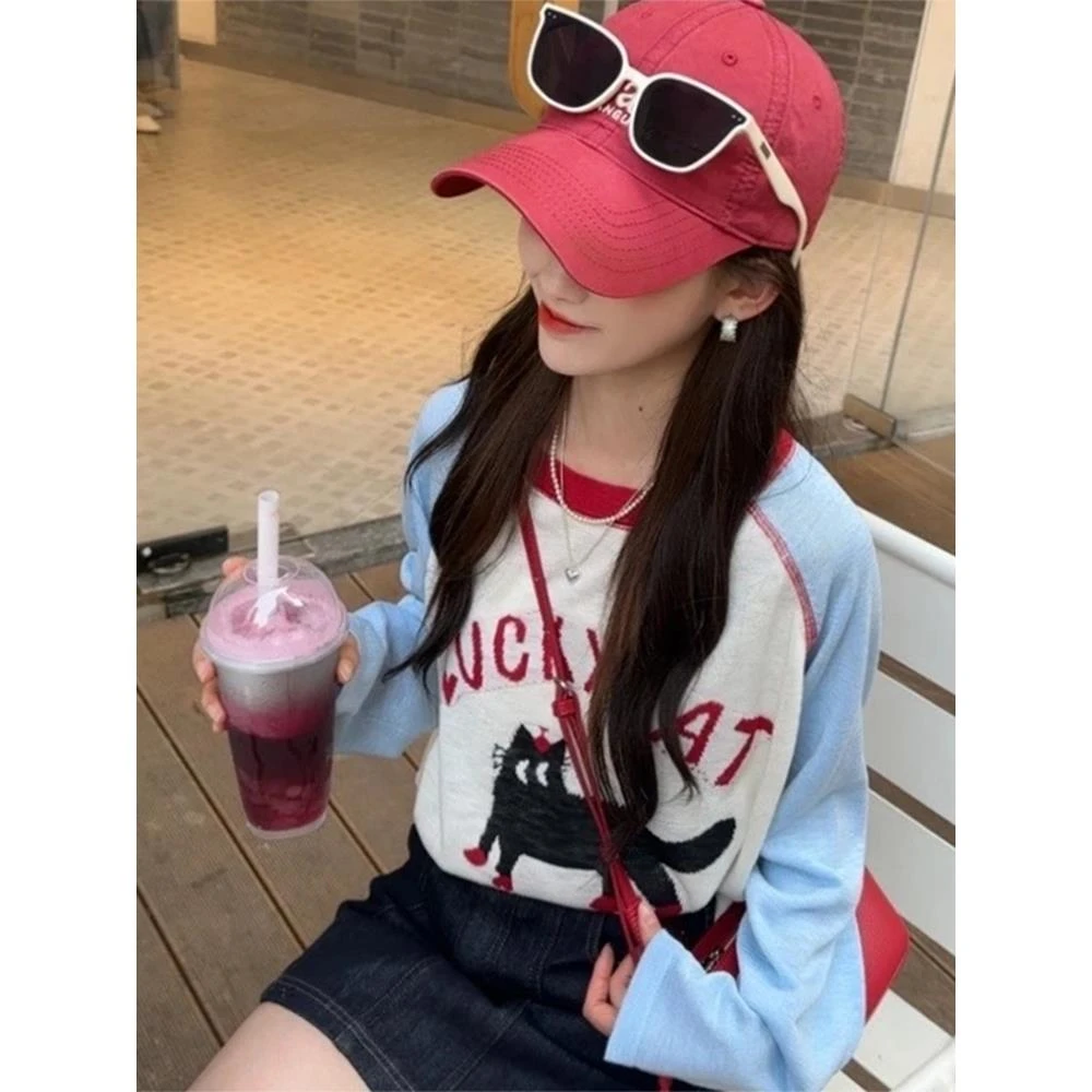 【幸运猫】春夏撞色插肩袖猫咪图案长袖防晒上衣卡通撞色针织衫t恤