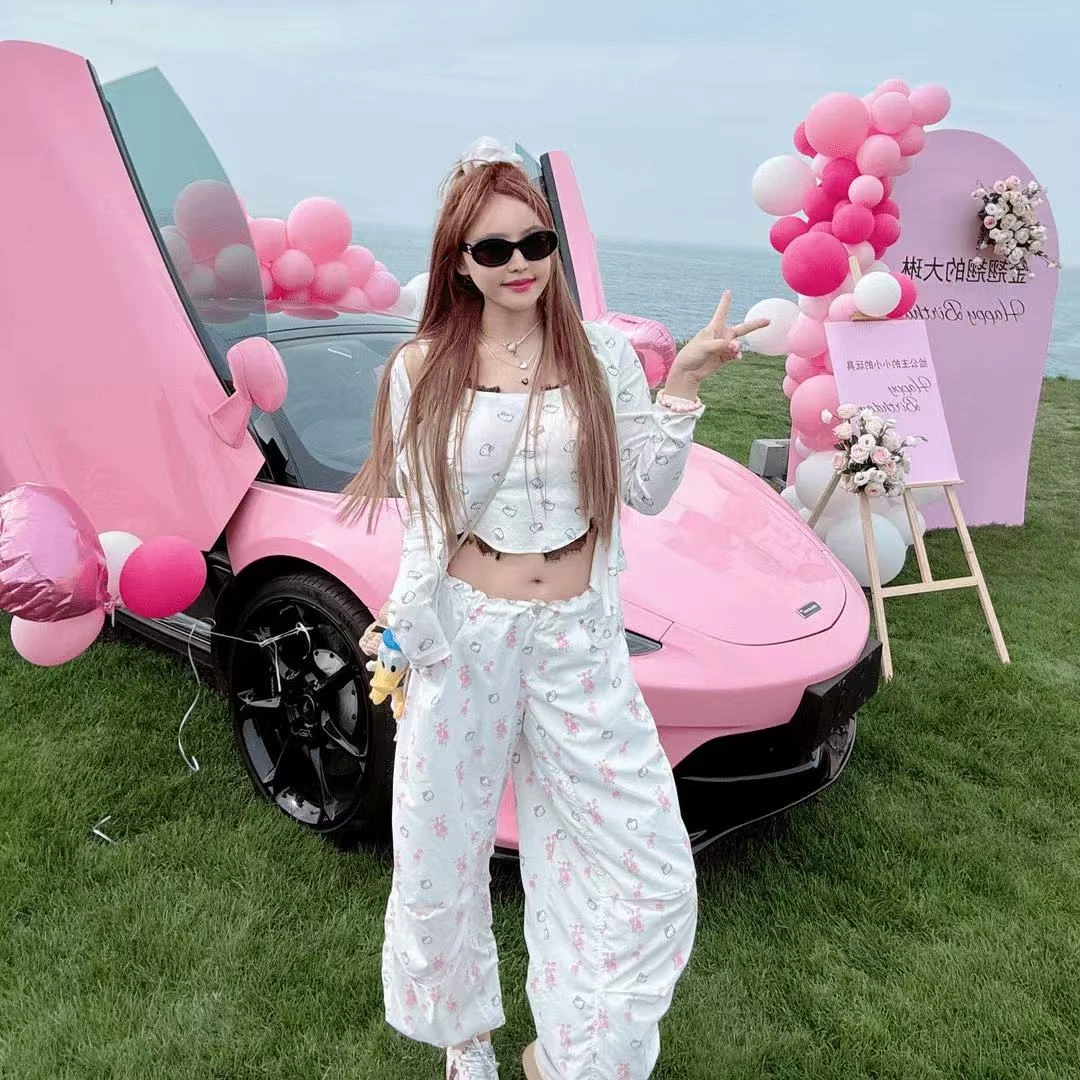 루루가-【jennie同款】yy联名Hellokitty碎花玫瑰降落伞裤工装裤百搭裤
