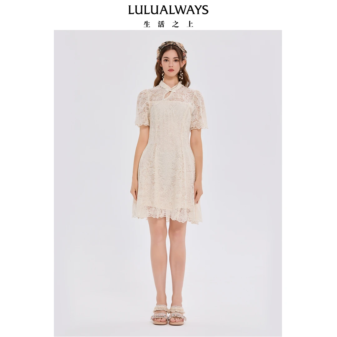 LULUALWAYS我爱露露25夏季新款时尚新中式盘扣气质蕾丝短款连衣裙
