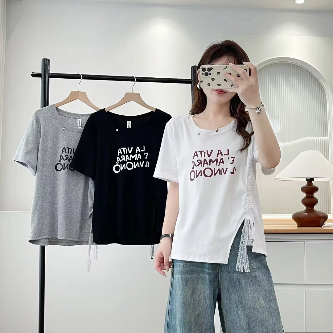 2025夏季新款短袖T恤女大码蕾丝抽绳字母印花不规则半袖上衣7026