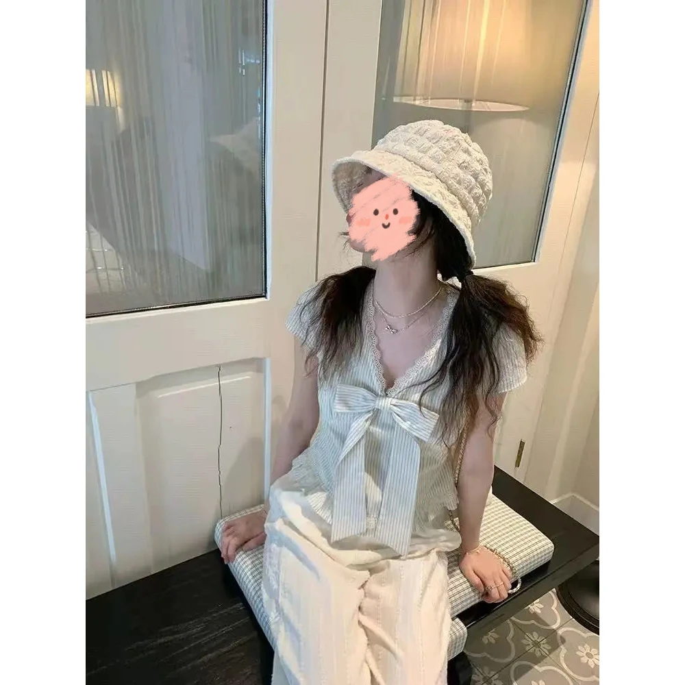 栀子清欢蓝色条纹款蕾丝花边衬衫蝴蝶结V领女装设计感上衣气质ins