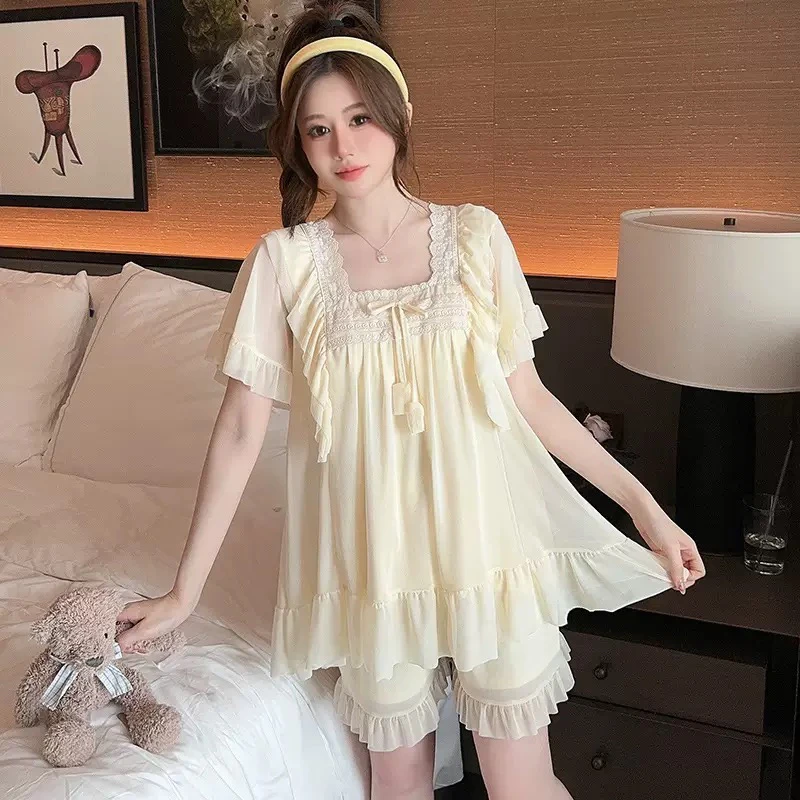 【2025·夏季新款】带胸垫仙女风品质方领睡衣睡裙蕾丝柔软舒适套装