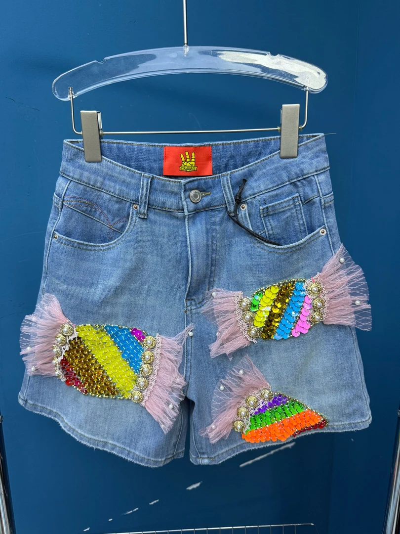 花花潮牌设计师原创时尚牛仔蓝色复古重工钉珠亮片潮流五分短裤
