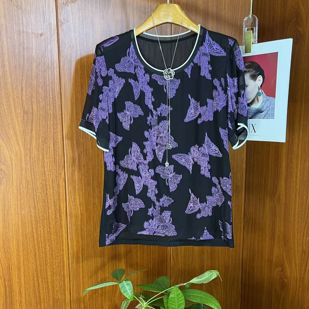 25068紫色剪花时尚百搭女圆领欧美大气弹力套头显瘦小衫