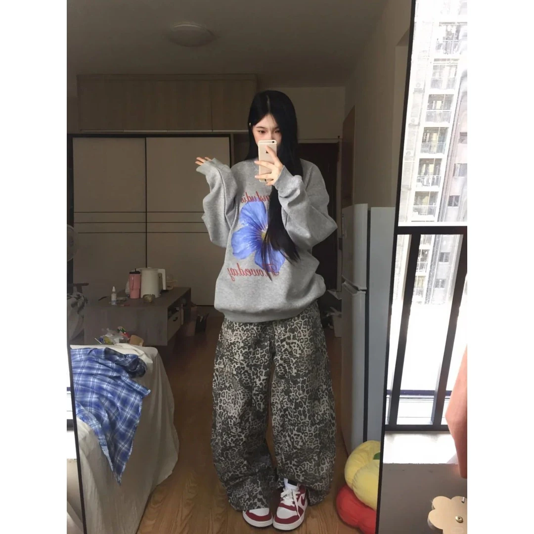 纯棉美式灰色圆领卫衣女秋冬加绒加厚2025新款爆款小个子无帽上衣