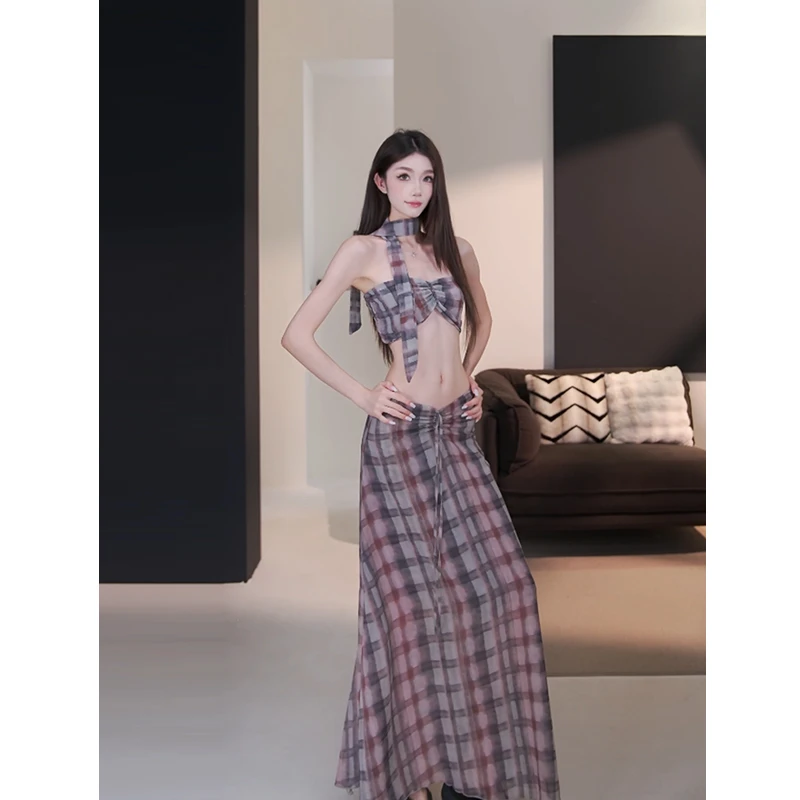 莫欣欣&航海度假出行 围脖抹胸 抽绳半裙格子套装250142/250143